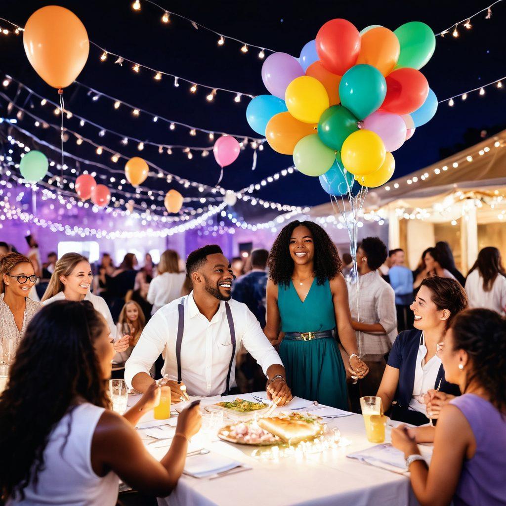 A vibrant scene showcasing a diverse group of people enjoying a beautifully decorated event, with colorful balloons, elegant tables set with cheerful centerpieces, and a backdrop of twinkling fairy lights. In the foreground, a joyful event manager orchestrates activities with a clipboard, while guests engage in laughter and fun activities. The atmosphere embodies celebration and inclusivity. colorful illustration. vibrant colors. cheerful and lively setting.
