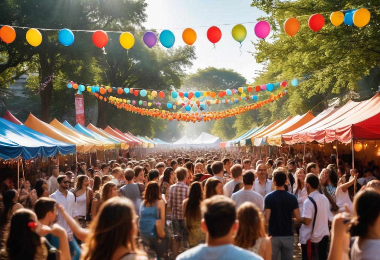 A vibrant scene of a joyful outdoor festival, filled with people of diverse cultures dancing, laughing, and enjoying colorful decorations like balloons and streamers. In the background, a band plays cheerful music, while tables are adorned with delicious food and drinks. Bright sunlight shines down, creating a warm, inviting atmosphere. Emphasize expressions of happiness and togetherness. vibrant colors. super-realistic. festive atmosphere.