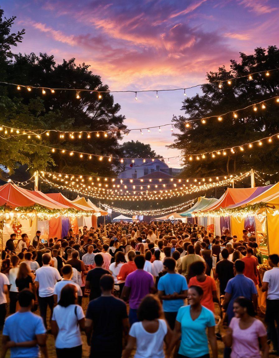 A lively outdoor event filled with diverse people enjoying a live performance, showcasing a vibrant crowd engaged in music and dance under twinkling fairy lights. Incorporate elements like food stalls, colorful banners, and a sunset backdrop to evoke a sense of community and celebration. Use dynamic poses and expressions to capture the energy of the moment. super-realistic. vibrant colors. 3D.